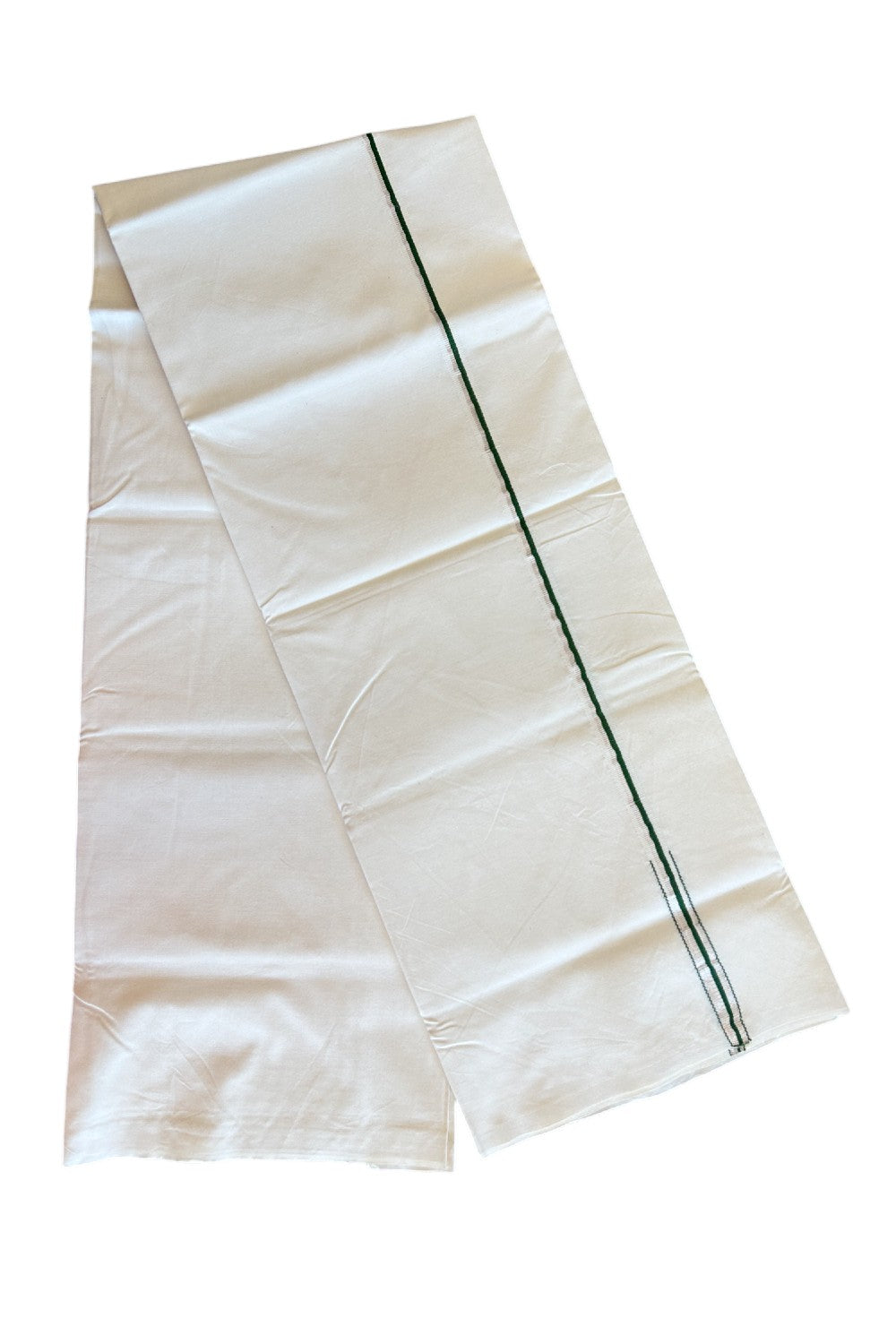 20% Discount!! KaithariKada Balaramapuram 100% COTTON SINGLE OFF WHITE - (Unbleached) Mundu/Dhoti - 100X100 - 0.5 Inch Green & Silver Puliyilakkara Chutty - 2KK5035ASH