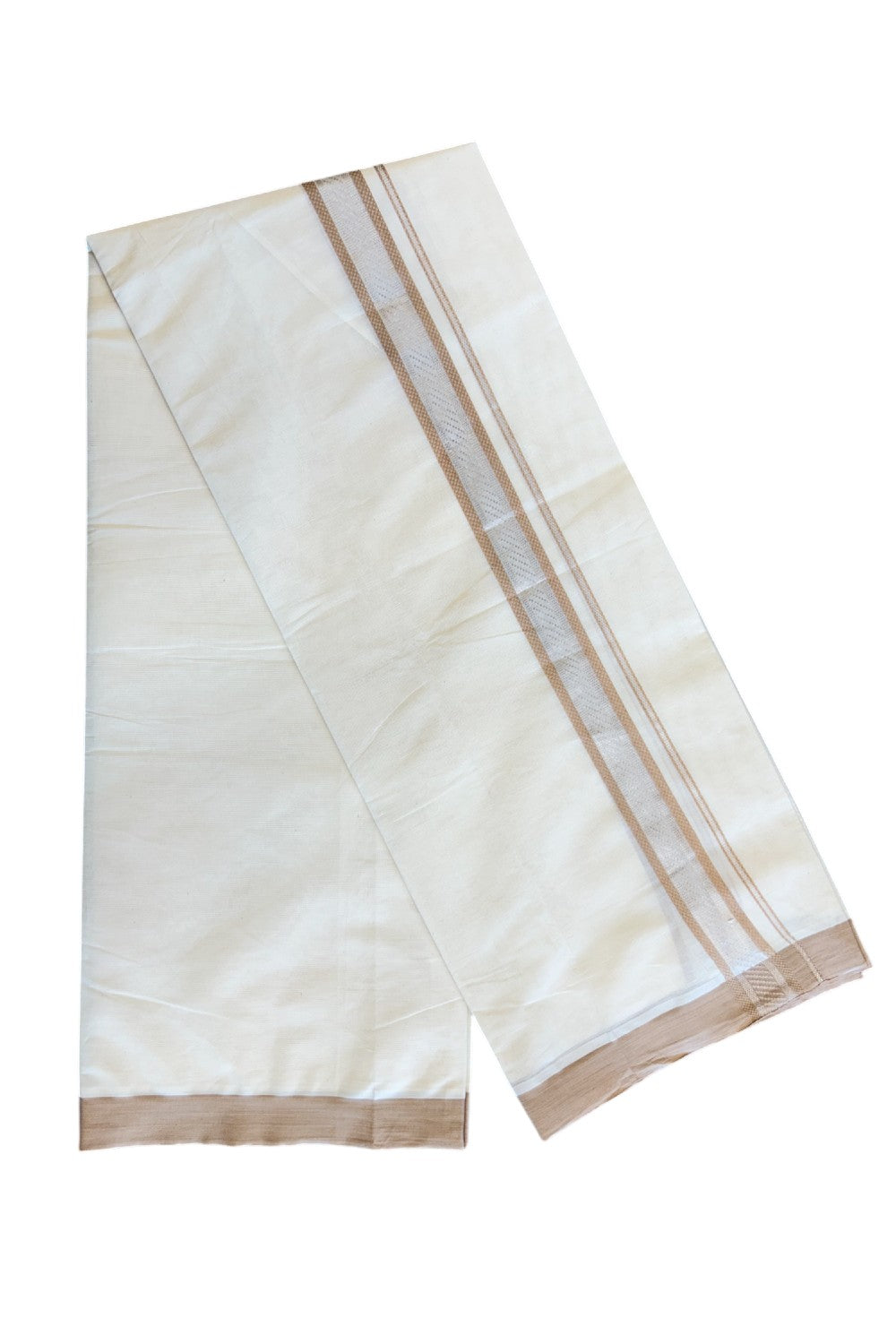 5% Discount!!! KaithariKada Balaramapuram  Double Off white - (Unbleached) Mundu/Dhoti - 80X90 - 2 inch SILVER  KASAVU & Sand brown pattern Kara - 2KK5037KAI