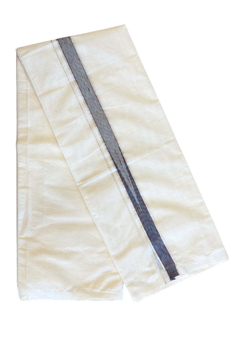 5% Discount!!! KaithariKada Balaramapuram  Double Off white - (Unbleached) Mundu/Dhoti - 80X90 - 1.75 inch Silver kasavu Violet Indigo Shaded heavy chutty - 16KK5037KAI