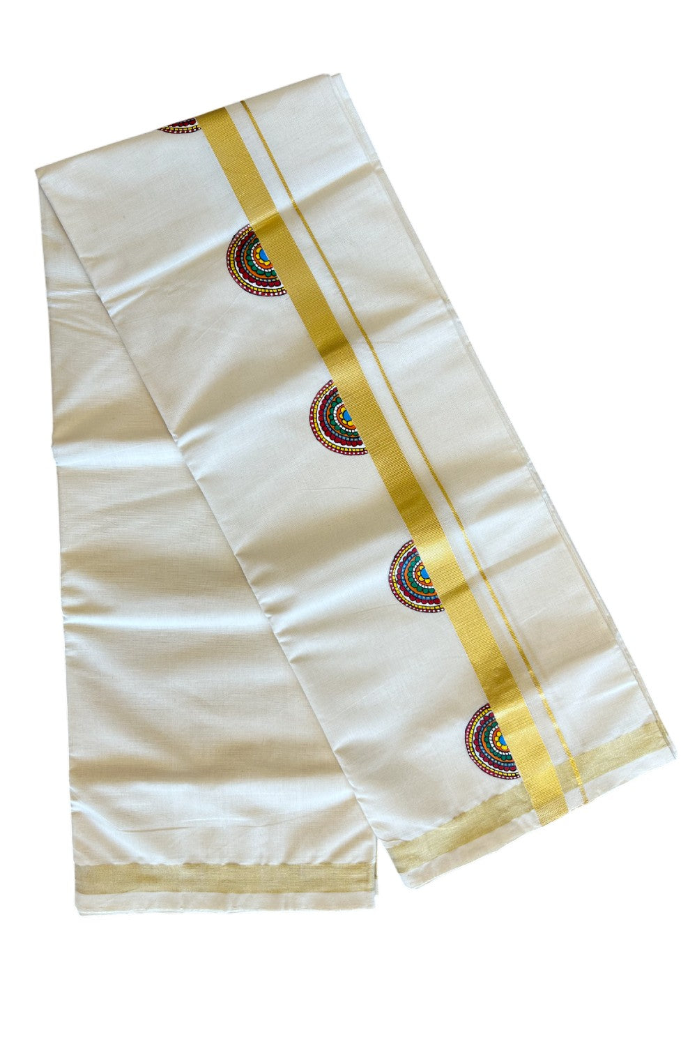 KaithariKada HANDLOOM Millpaav Balaramapuram - 100% PURE Cotton OFF White Double Mundu/Dothi - 1.75 Inch Hand Painted Flower Design & Kasavu Kara - 2KK5038KK