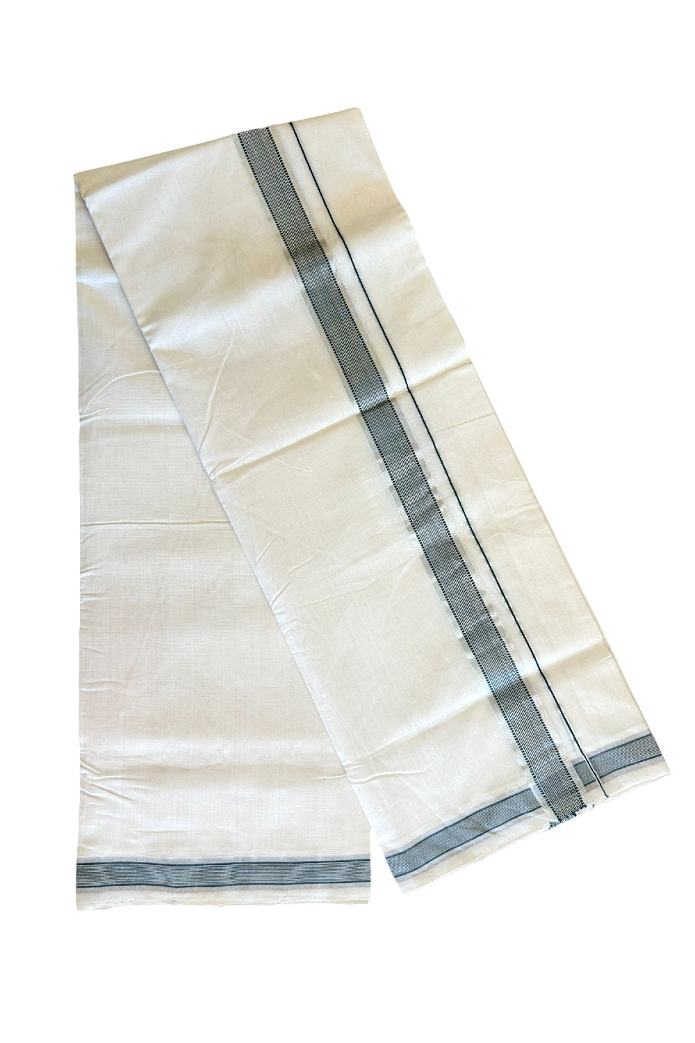 21% DISCOUNT!! KaithariKada HANDLOOM Unakkupaav Balaramapuram - 100% PURE Cotton OFF White Double Mundu/Dothi - 2 inch Green & Silver striped pattern kara - 2KK503RAM