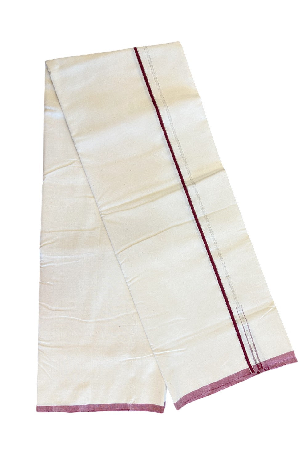 SIGNATURE KAITHARIKADA EXCLUSIVE SINGLE DHOTI - 100% Cotton Balaramapuram HANDLOOM Single Mundu/Dhoti - Off White - (Unbleached) 1 cm Maroon & Silver KASAVU Chutty Kara - 2KK5040KAI