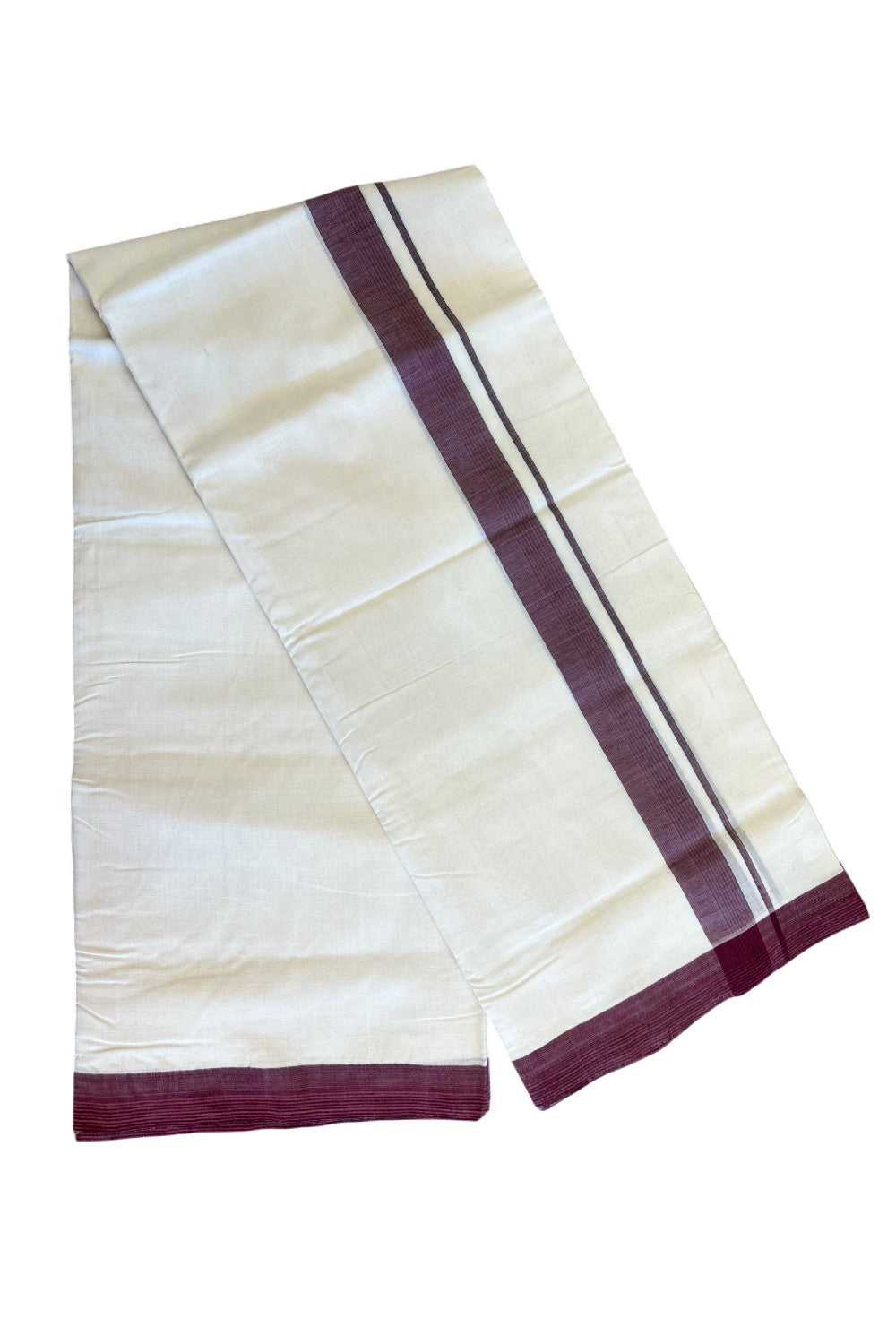 15% DISCOUNT!! KaithariKada HANDLOOM UNAKKUPAAV Balaramapuram - 100% PURE Cotton OFF White Double - (Unbleached) Mundu/Dothi - 2 inch Maroon & Black Stripes Kara 4.5 Meters (10 Muzham) - 2KK5041SOM