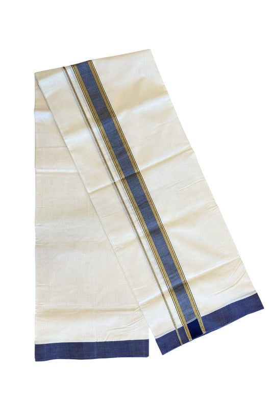 21% Discount KaithariKada HANDLOOM Unakkupaav Balaramapuram - 100% PURE Cotton Off white (Unbleached) Double Mundu/Dhoti - 2.5 inch  Kasavu Stripes & Navy Blue kara-163