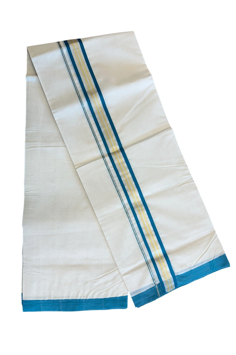 15% DISCOUNT! KaithariKada HANDLOOM Millpaav Balaramapuram - 100% PURE Cotton Off White (Unbleached) - 100x100 Double Mundu/Dhoti - 2 inch Gold & Silver Kasavu Peacock green Stripes Kara-81