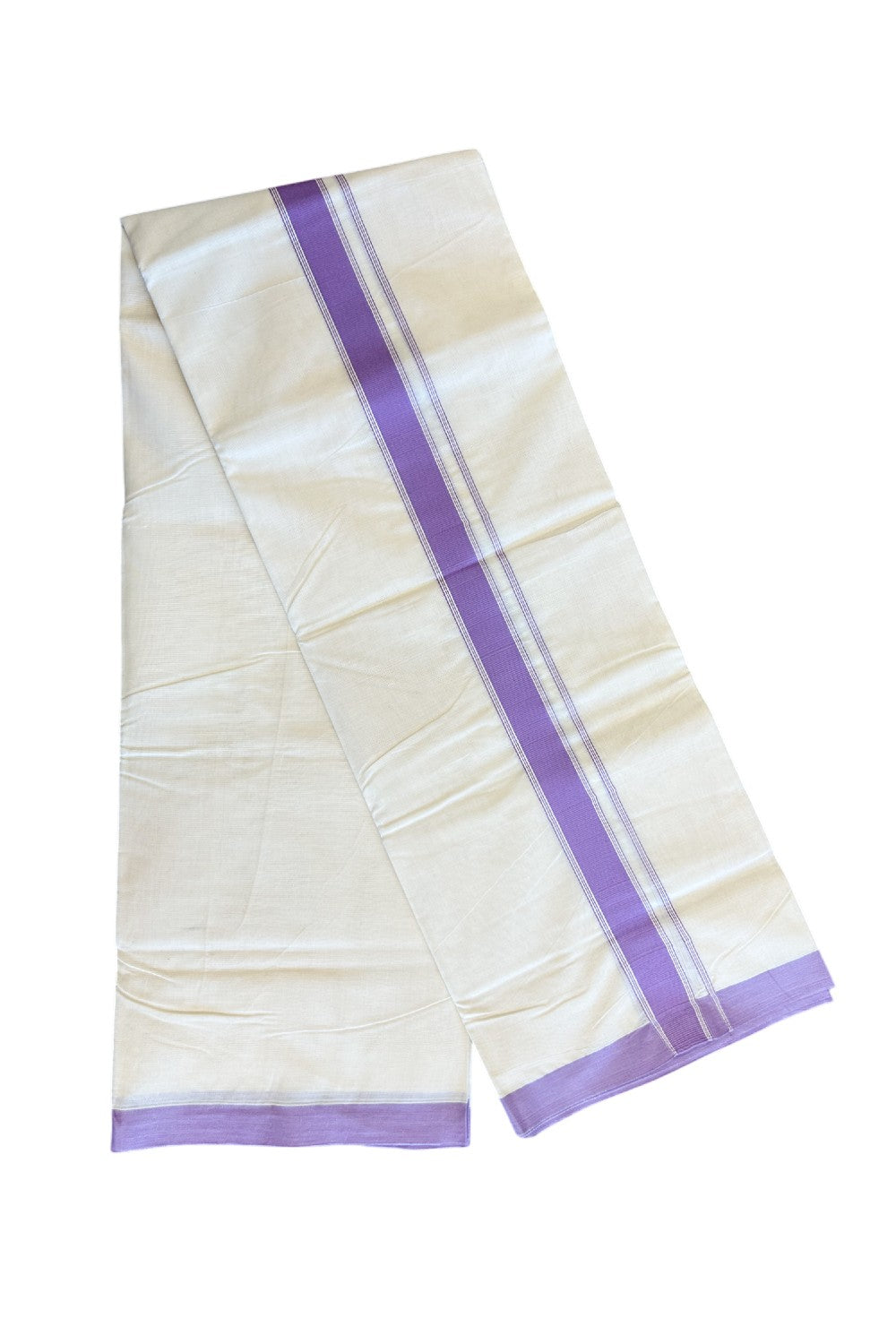 20% Discount !! KaithariKada Balaramapuram 100% Cotton Double Off white - (Unbleached) Mundu/Dhoti-100x80 - 1.75inch  Violet Kara - 2KK5045ASH