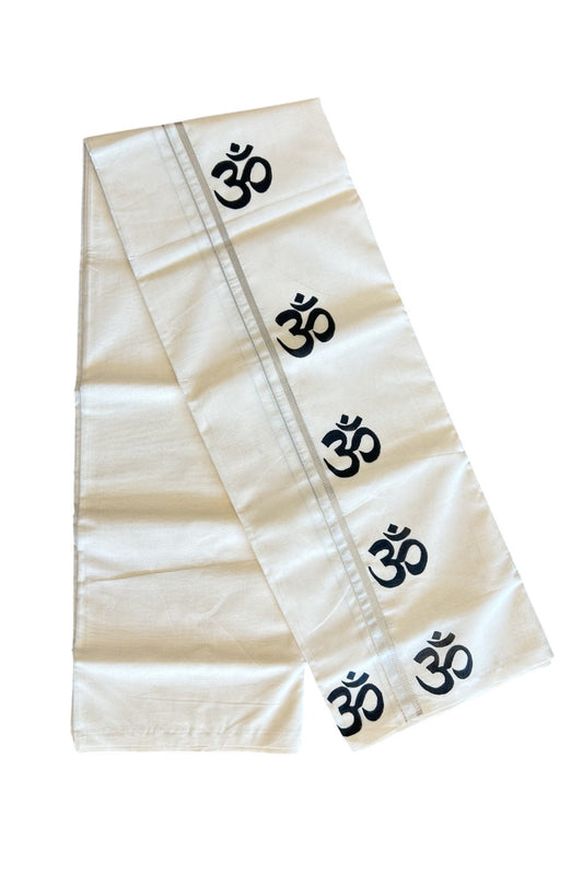 KaithariKada Balaramapuram 100% Cotton Double Off white - (Unbleached) Mundu/Dhoti-100x80 0.75 inch SILVER Kasavu & Hand Painted Mural Ohm Design Kara 3.70 meter- 2KK5046KK