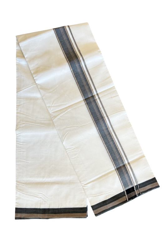 19% Disocunt! NEW PURE WHITE HANDLOOM UNAKKUPAAV Balaramapuram - 100% Cotton Double Pure White - Mundu/Dhoti - 100x100 2 inch BLACK & Sand Brown Silver Kasavu Striped Kara 4.04 mtrs - 2KK5047REA