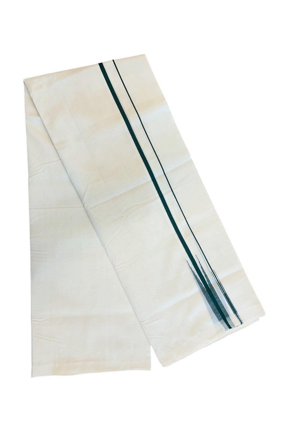 26% DISCOUNT!! KaithariKada HANDLOOM  UNAKKUPAAV Balaramapuram - 100% PURE Cotton OFF White Double - (Unbleached) Mundu/Dothi - 0.75 inch Puliyilakkara Green Double chutty - 2KK5049REA