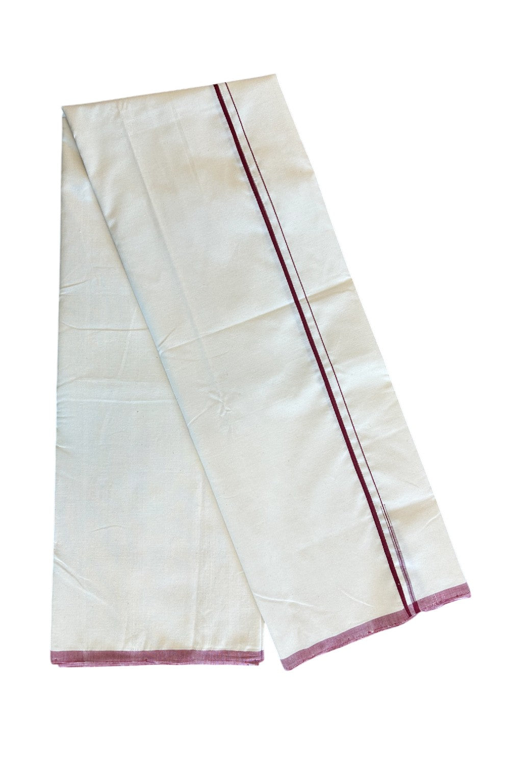 SIGNATURE KAITHARIKADA EXCLUSIVE SINGLE DHOTI - 100% Cotton Balaramapuram HANDLOOM Single Mundu/Dhoti - Off White - (Unbleached) - 0.5 cm Maroon Chutty Kara - 2KK5050KAI