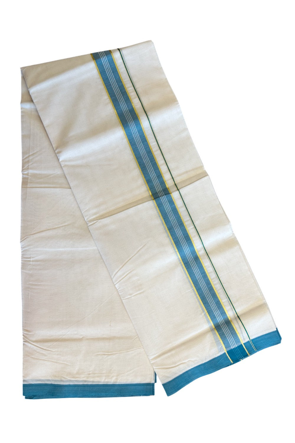 2% Discount KaithariKada Balaramapuram 100% Cotton Double Off white - (Unbleached) - Mundu/Dhoti - 100x100 - 2 inch Kasavu & Green Blue Kara - 121