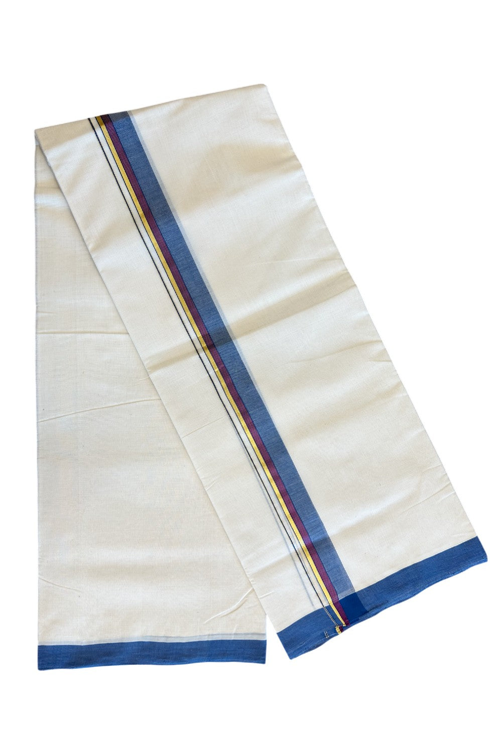 19% DISCOUNT!! KaithariKada HANDLOOM Millpaav Balaramapuram - 100% PURE Cotton OFF White Double - (Unbleached) Mundu/Dothi - 1.75 Inch Blue & Purple Gold Kasav Kara - 2KK5056RAM