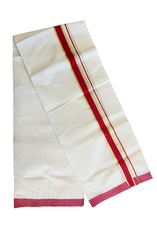 10% DISCOUNT! KaithariKada Balaramapuram 100% Cotton HANDLOOM  Double Off white (Unbleached) Mundu/Dhoti-100X100- 2 inch Gold Kasavu &Red Kara-25.