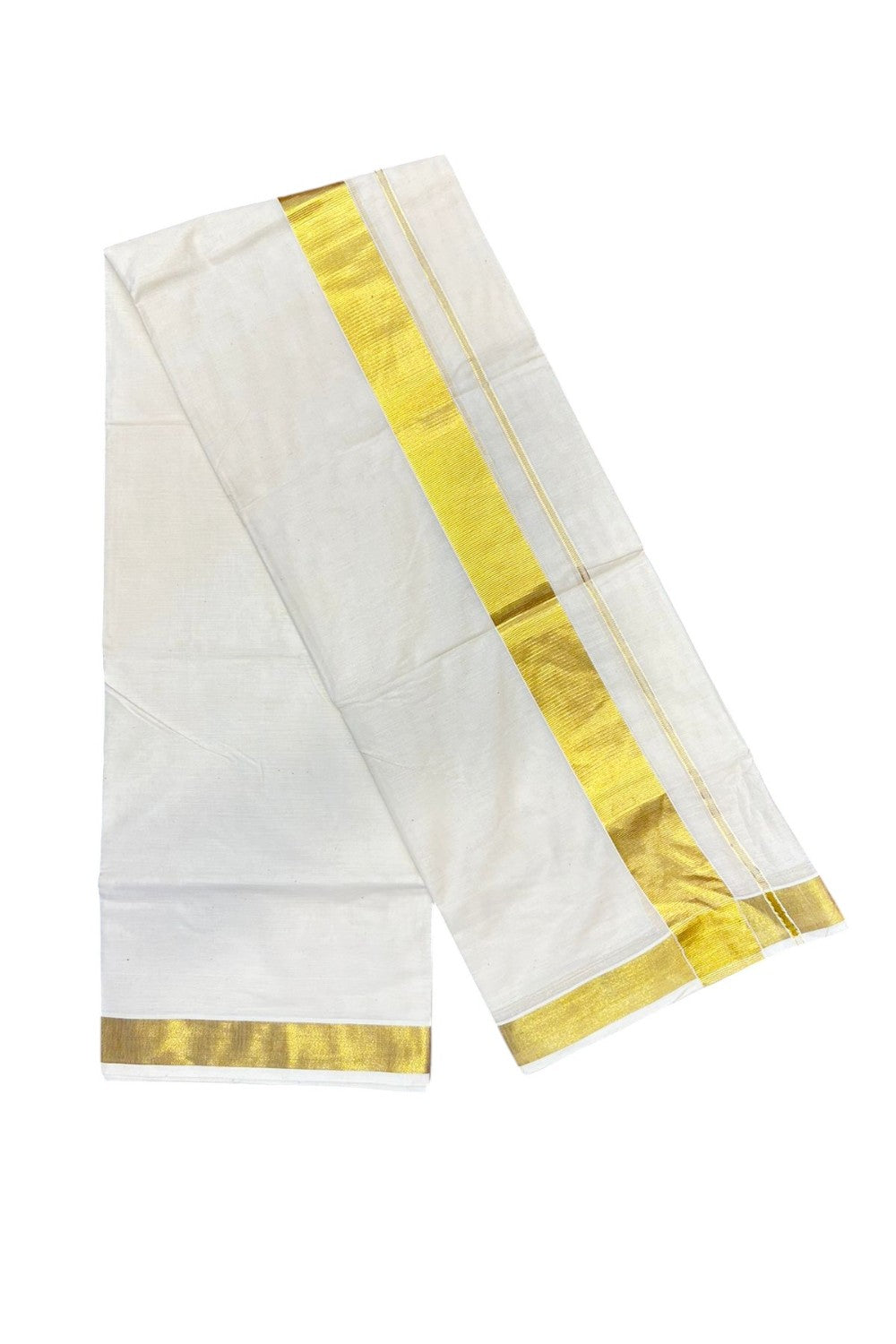 30% Discount !! KaithariKada Balaramapuram 100% Cotton Double Off White - (Unbleached) Mundu/Dhoti & Neriyath (80X72) -  2.75 inch Gold Kasavu kara - 2KK5064KK