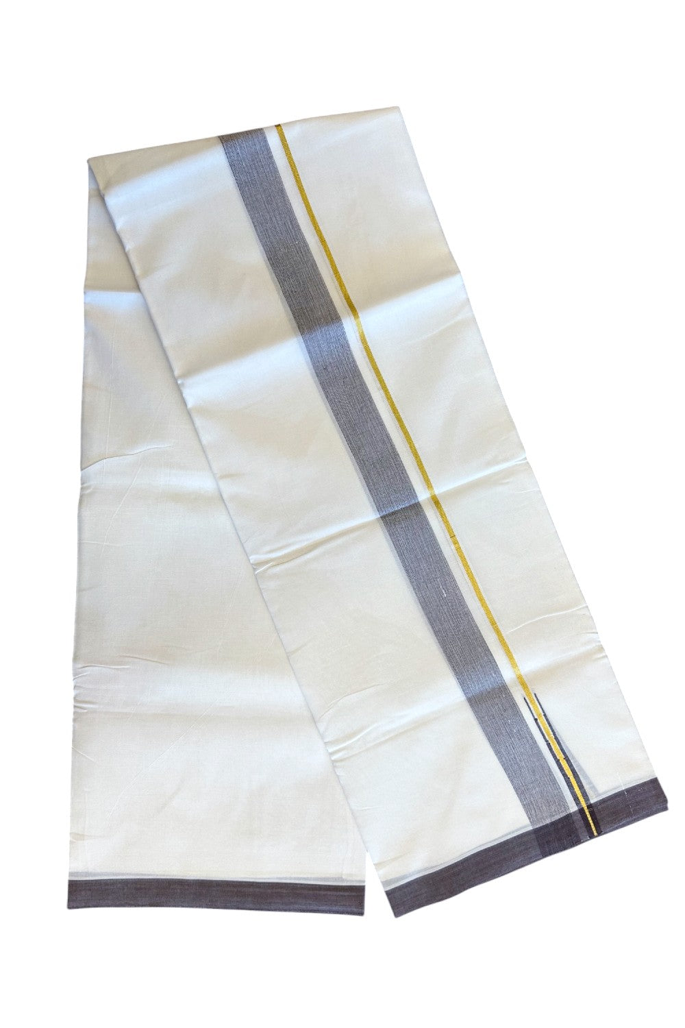 17% DISCOUNT!! KaithariKada Balaramapuram 100% Cotton PURE WHITE Double Mundu/Dhoti-100x100  1.25inch Puliyilakkara  BROWN AND KASAVU Chutty Pattern KARA - 2KK5067KK