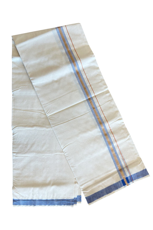 32% Discount ! KaithariKada 100% Cotton Balaramapuram HANDLOOM Single Mundu/Dhoti - Off White (Unbleached) 1.Inch Blue & Red Stripes Kasavu Puliyilakkara Chutty- KAIR03.