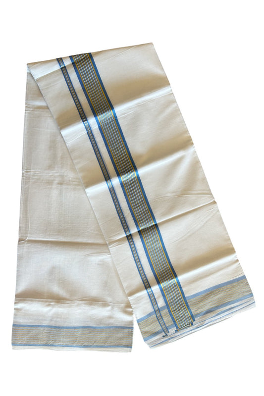 KaithariKada 100% Cotton PURE HANDLOOM White Double Dhoti/Mundu - 2.75 inch Blue&Kasavu Stripes