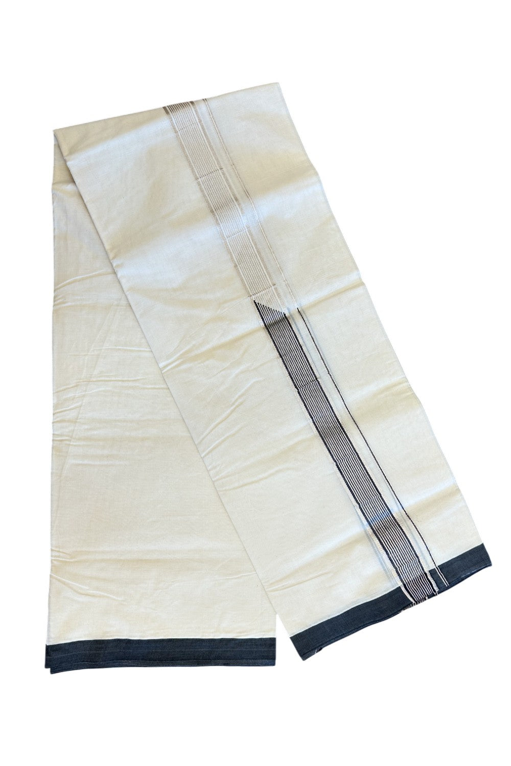 19% Discount !! KaithariKada Balaramapuram 100% Cotton Double Off White - (Unbleached) Mundu/Dhoti-100x100 1.5 inch Heavy Chutty Silver Kasavu & Black Striped kara - 8KK5055ASH