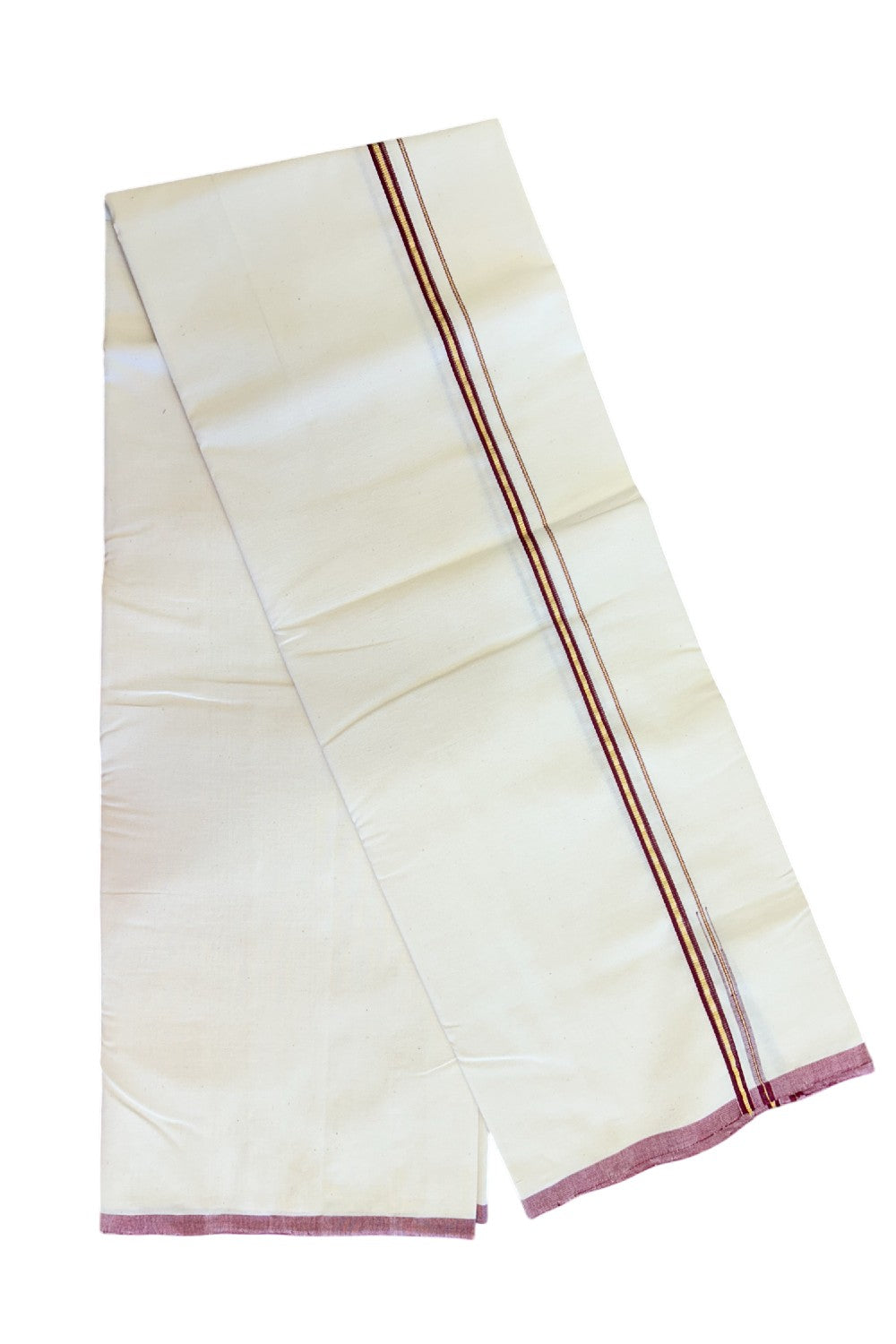 SIGNATURE KAITHARIKADA EXCLUSIVE SINGLE DHOTI - 100% Cotton Balaramapuram HANDLOOM Single Mundu/Dhoti - Off White - (Unbleached) 1 cm Maroon & KASAVU Chutty Kara- 2KK5075KAI