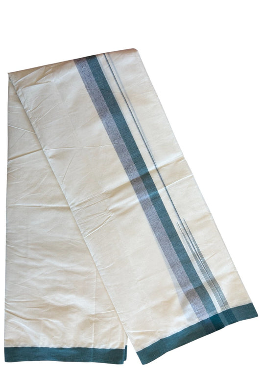 5% Discount!!! KaithariKada Balaramapuram  Double Off white - (Unbleached) Mundu/Dhoti - 80X90 - 1.75 inch Green & Violet Shaded puliyilakkara striped chutty - 2KK5077KAI