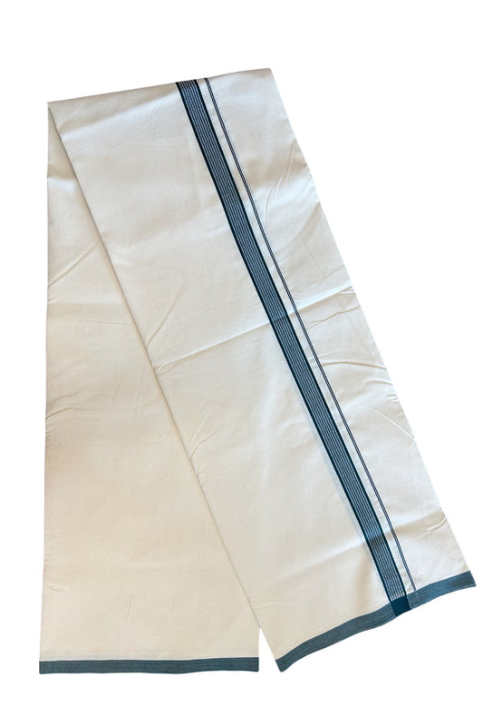 19% DISCOUNT ! KaithariKada Balaramapuram 100% COTTON SINGLE OFF WHITE - (Unbleached) Mundu/Dhoti-Twisted 100s Thread- 1.25 Inch Green Striped Kara (2 metre / 4 muzham)- 2KK5079ASH