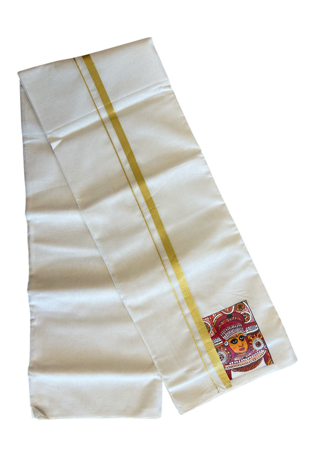 KaithariKada Balaramapuram 100% Cotton Double Off white - (Ubleached) Mundu/Dhoti-100x80 1 inch Kasavu & Hand Painted Theyyam Design Kara 3.70 meter- 2KK5083ASH