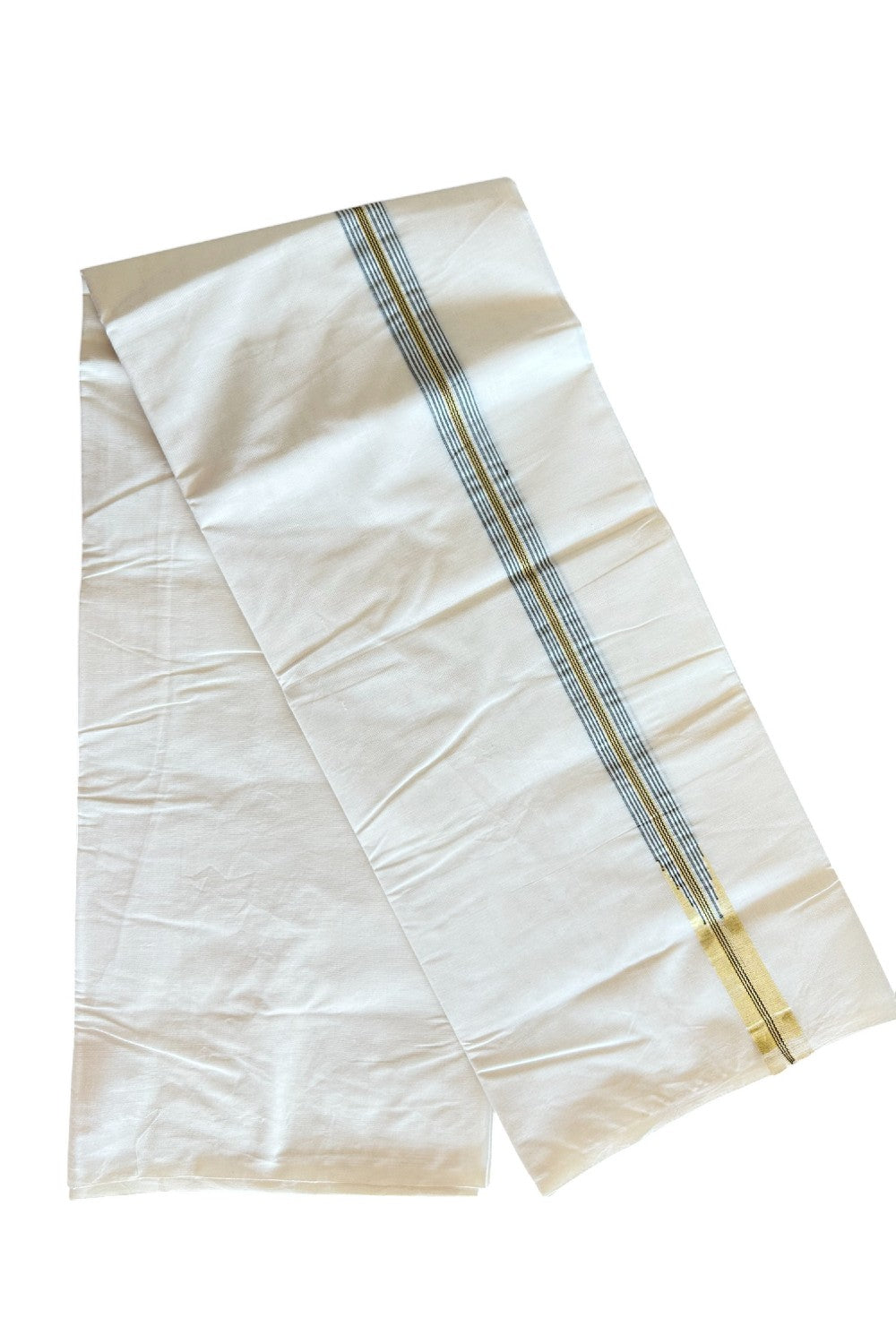 SHORT DHOTI SPECIAL! Kaitharikada.com - 26% Discount! Balaramapuram Double Off white - (Unbleached) Mundu/Dhoti - 100X100 - 1 inch Kara & 46 inches Height Puliyilakkara Chutty Gold Kasavu & Black Striped Design Kara - 2KK5090ASH