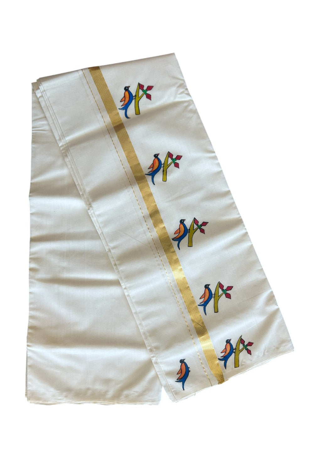 KaithariKada HANDLOOM Millpaav Balaramapuram - 100% PURE Cotton OFF White - (Unbleached) Double Mundu/Dothi - 1.25 Inch Kasavu kara Hand Painted Bird Design - 2KK5091RAM