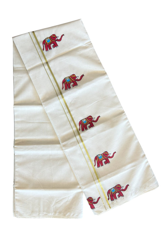 KaithariKada Balaramapuram 100% Cotton Double Off white - (Unbleached) Mundu/Dhoti - 100x80 0.75 inch Kasavu & Hand Painted Elephant Design Kara 3.72 meter - 2KK5092ASH