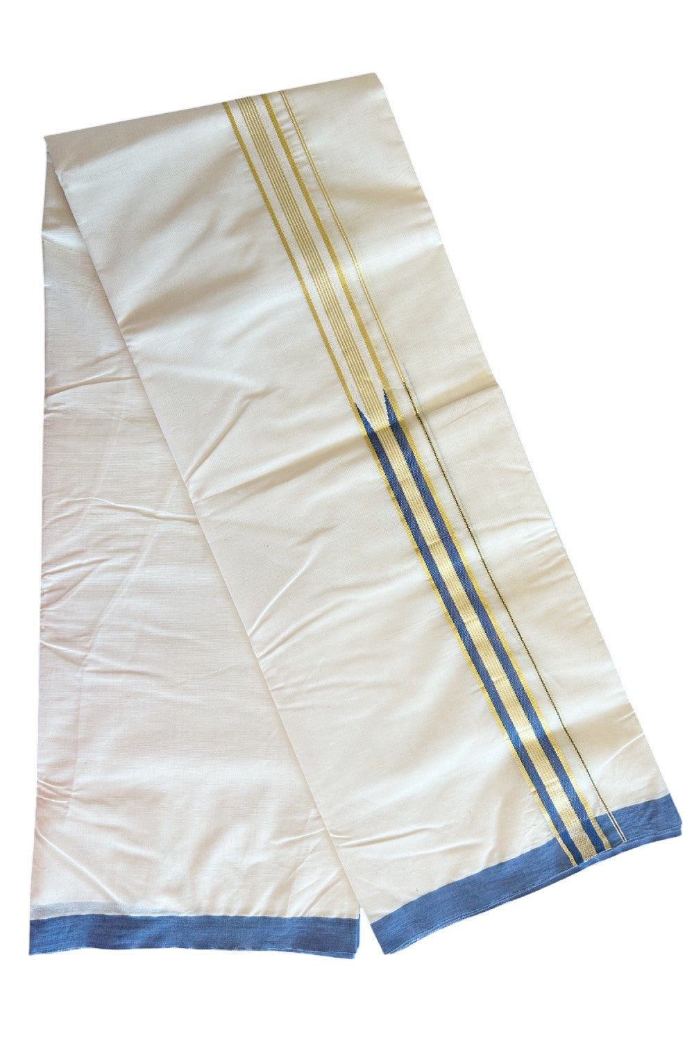 19% DISCOUNT! KaithariKada Balaramapuram 100% Cotton Double Off white - (Unbleached) Mundu/Dhoti-100x100 Chutty Heavy Designer Blue & Kasavu 1.25 inch Kara- 2KK5093ASH