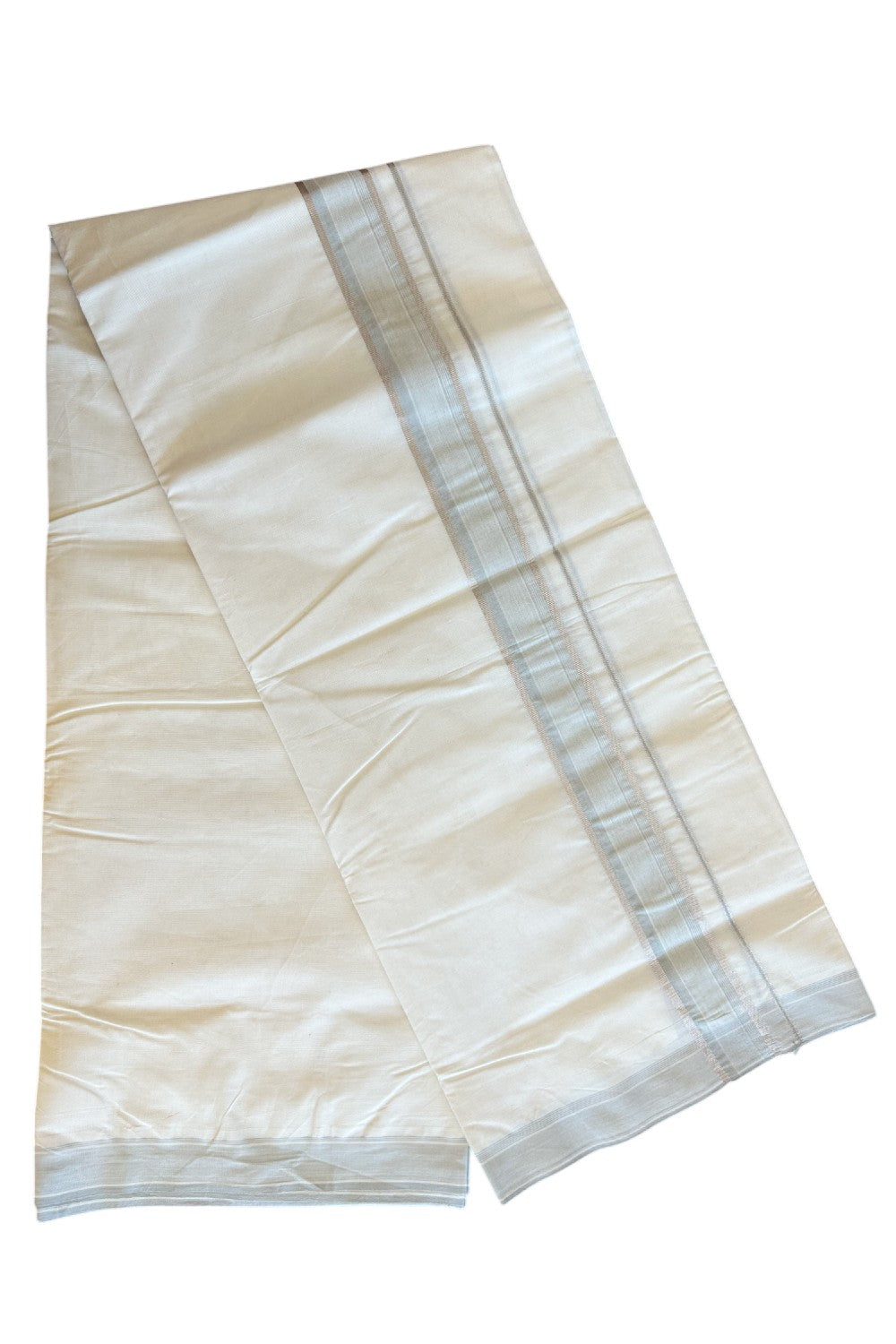 19% DISCOUNT ! KaithariKada 100% Cotton OFF WHITE (Unbleached) Double Dhoti/Mundu- 2.5 inch Ash Grey & Silver Striped Kara 4.46 Meters (9.56 Muzham) - 2KK5095ASH