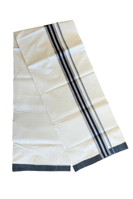 19% Discount! KaithariKada HANDLOOM UNAKKUPAAV Balaramapuram - 100% Cotton Double OFF White (Unbleached) - Mundu/Dhoti - 100x100 2.25 inch BLACK & Silver kasavu Stripes Kara - 2KK5096YAR