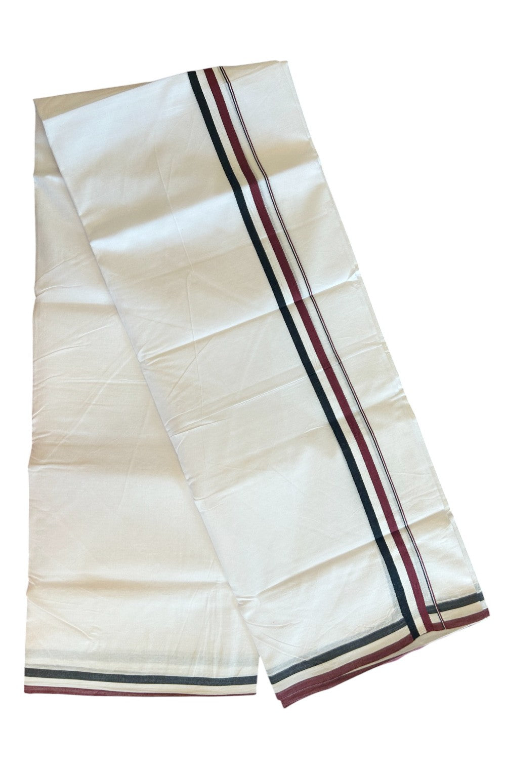 ADMK VESHTI - 19% DISCOUNT! KaithariKada 100% Cotton Pure white Double Mundu/Dhoti - 100X100 - 1.25 inch Black White & Maroon kara - 2KK5102ASH