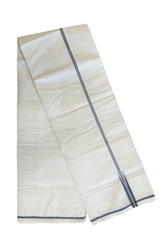 27% DISCOUNT ! KaithariKada 100% Cotton OFF WHITE (Unbleached) Double Dhoti/Mundu- 0.75 inch Black striped Puliyilakkara Chutty- 2KK5104ASH