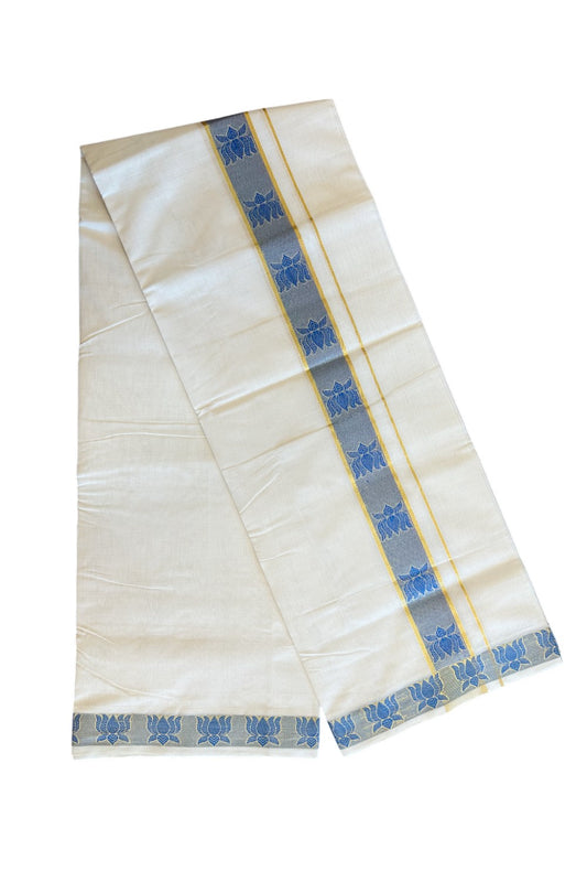 30% DISCOUNT ! KaithariKada HANDLOOM Unakkupaav Balaramapuram - 100% PURE Cotton Off White - (Unbleached) Double Mundu/Dhoti - 2.5 inch Gold Kasavu & Blue Lotus Design Kara - 2KK5107ABH