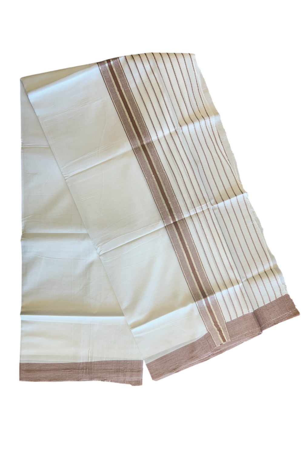 20% Discount !! KaithariKada Balaramapuram Double PURE WHITE Mundu/Dhoti- 100x80 - 7 inch Pale Brown & Silver Striped kara - 3.90 mtr - 2KK5112PMC