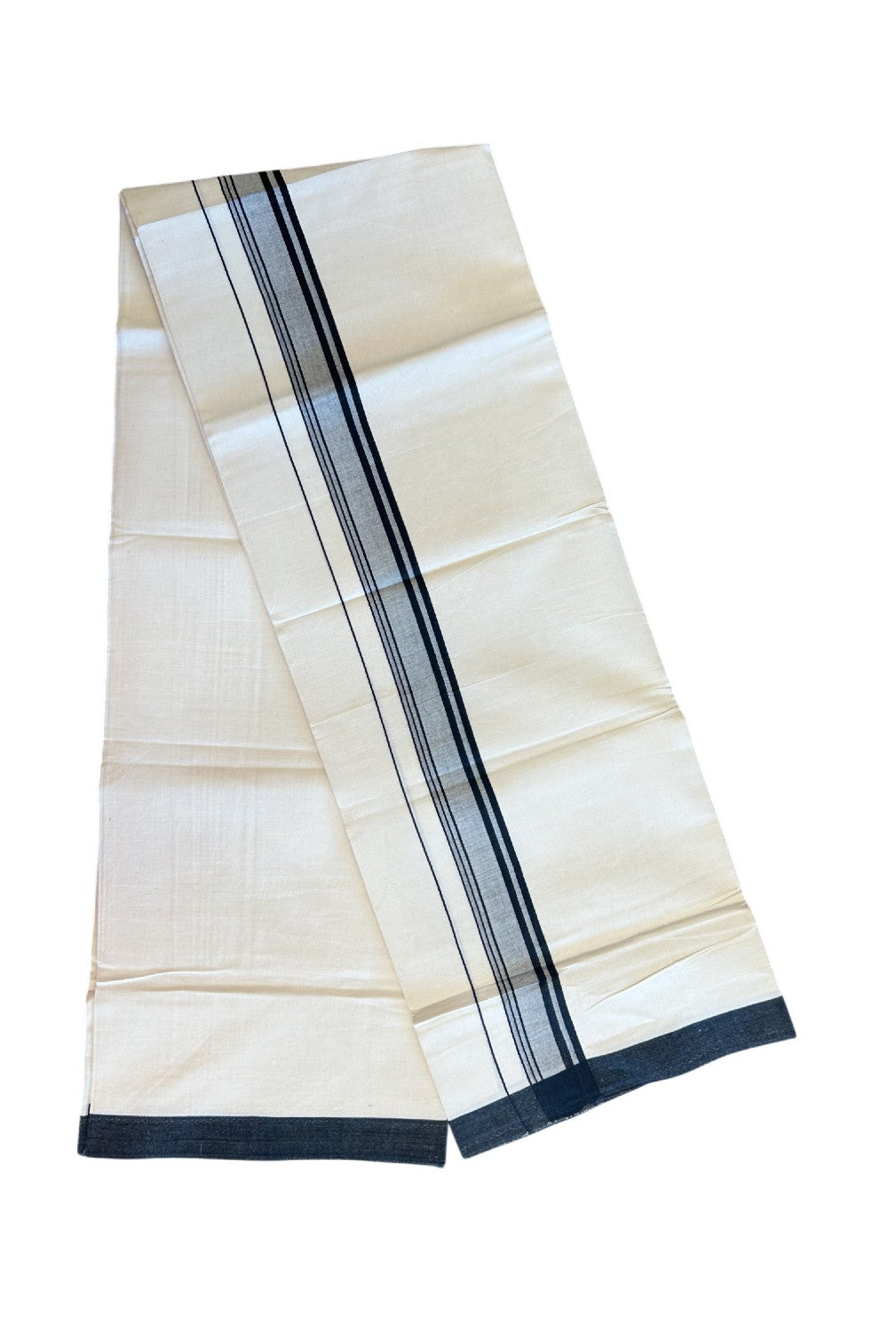 8% Discount ! Kaitharikada Balaramapuram 100% Cotton OFF WHITE SINGLE Mundu/Dothi (40s) - 2 inch Black & white shaded Stripes Kara (2 meter / 4 muzham) - 2KK5114THI