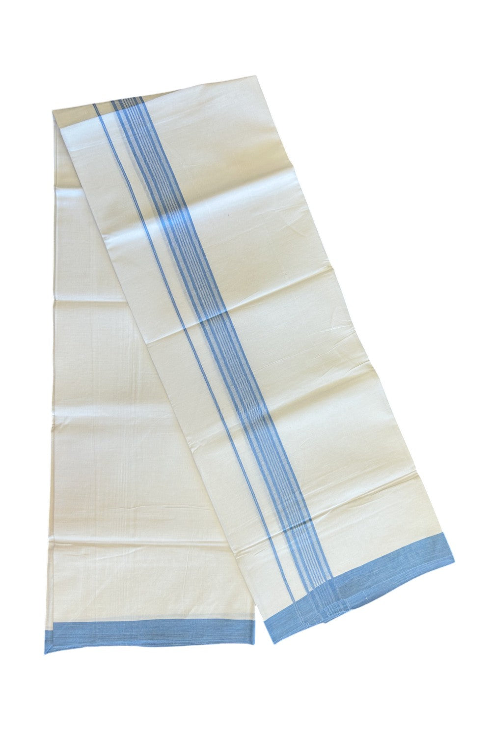 8% DISCOUNT ! KaithariKada Balaramapuram 100% Cotton Pure white Single Mundu/Dhoti - (40S) - 2.15 inch Sky Blue Striped Kara (2 meter / 4 muzham) - 2KK5115THI.