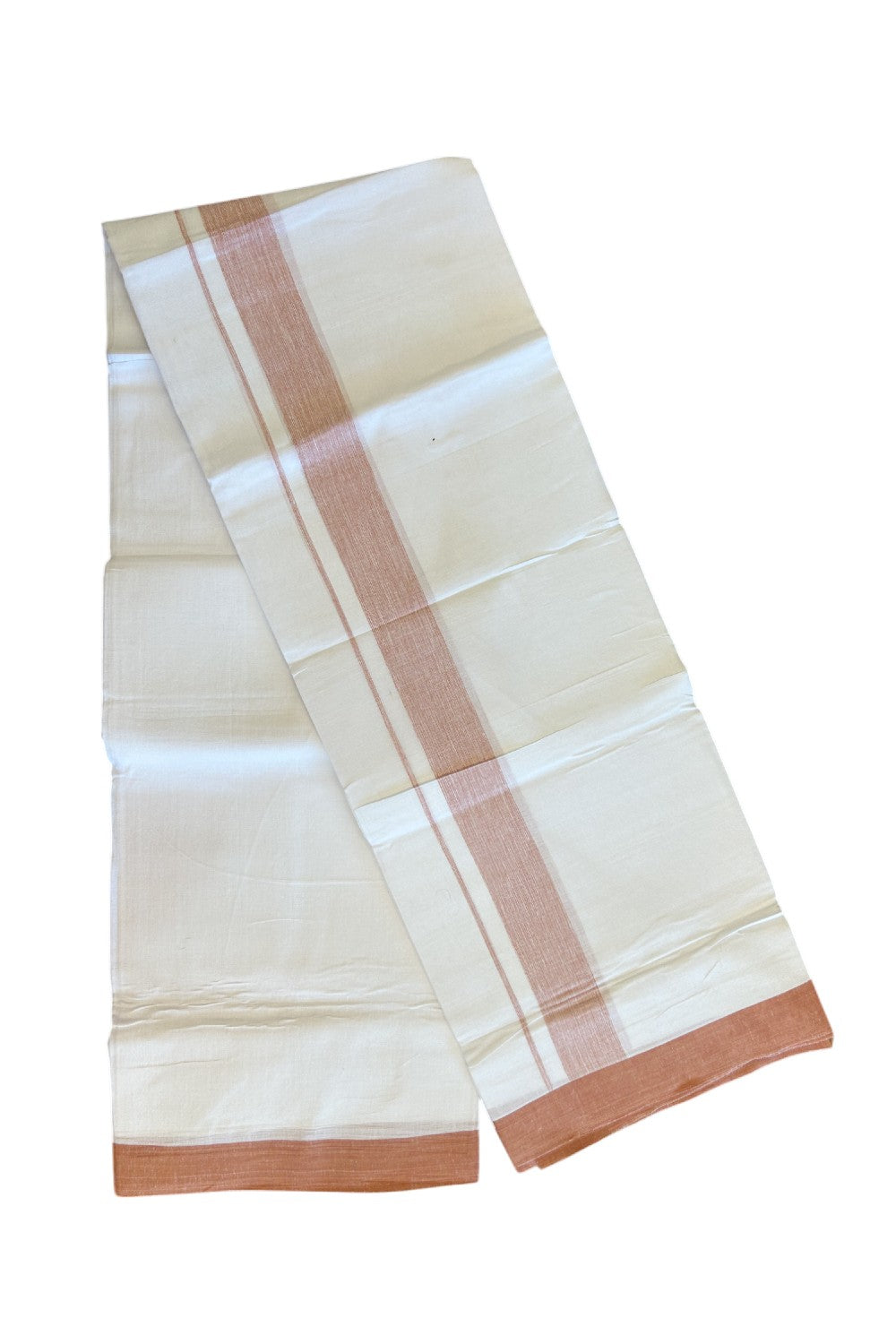 Linen Dhoti NEW! 20% Discount from Kaitharikada.com - Double Mundu/Dhoti 80x90 Thread PURE WHITE - Pure Cotton + Linen - 2.25 Inch Dark Brown Shaded Kara- 20KK5115THI