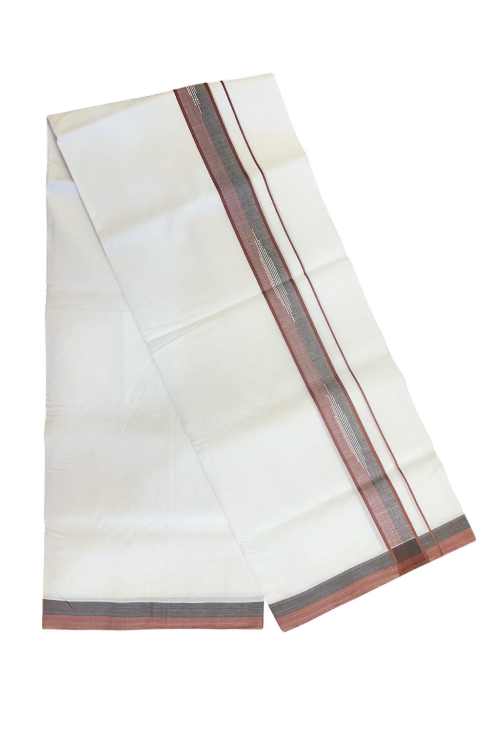 20% DISCOUNT! KaithariKada Balaramapuram 100% Cotton PURE WHITE Double Mundu/Dhoti-100x80 2 inch PENNY BROWN & BLACK shaded designer kara - 2KK5116MR