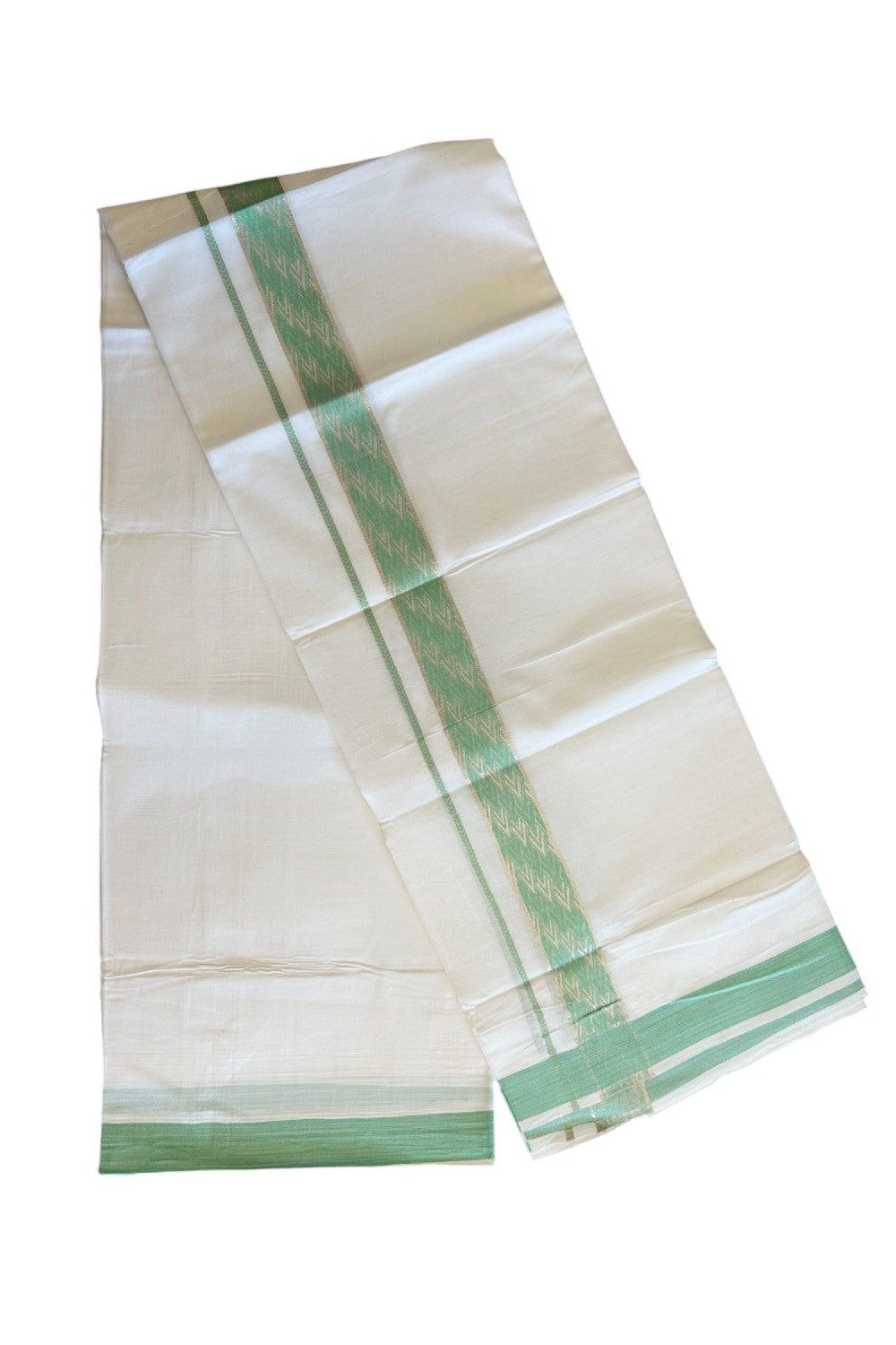 20% DISCOUNT! KaithariKada Balaramapuram 100% Cotton Double PURE white Mundu/Dhoti - 100x80 - 2 Inch Silver kasavu & Mint Green pattern Jacquard Kara - 2KK5118PMC