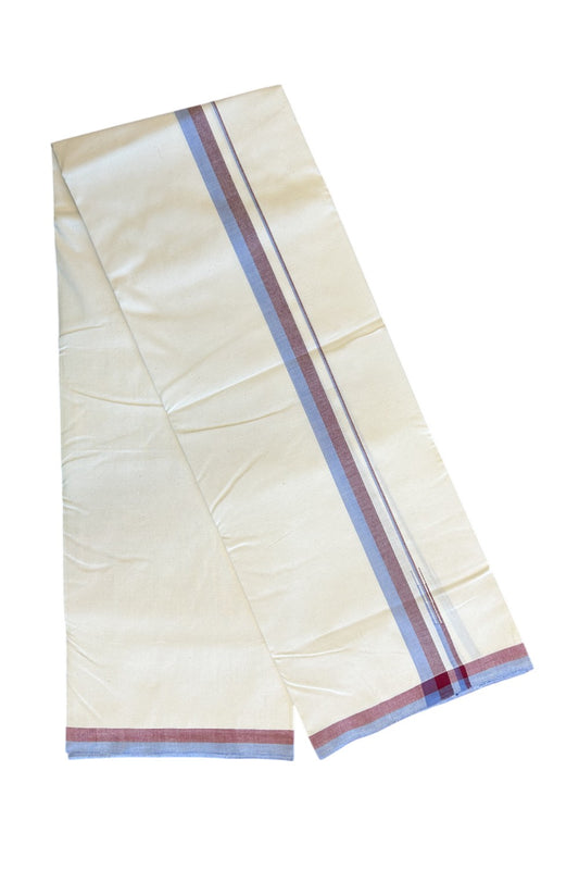 SIGNATURE KAITHARIKADA EXCLUSIVE SINGLE DHOTI - 30% Discount!!  100% Cotton Balaramapuram HANDLOOM Single Mundu/Dhoti - Off White - (Unbleached) 1 inch Lavender Blue & Maroon Puliyilakkara chutty (2 meters /4 muzham) - 2KK5124KAI