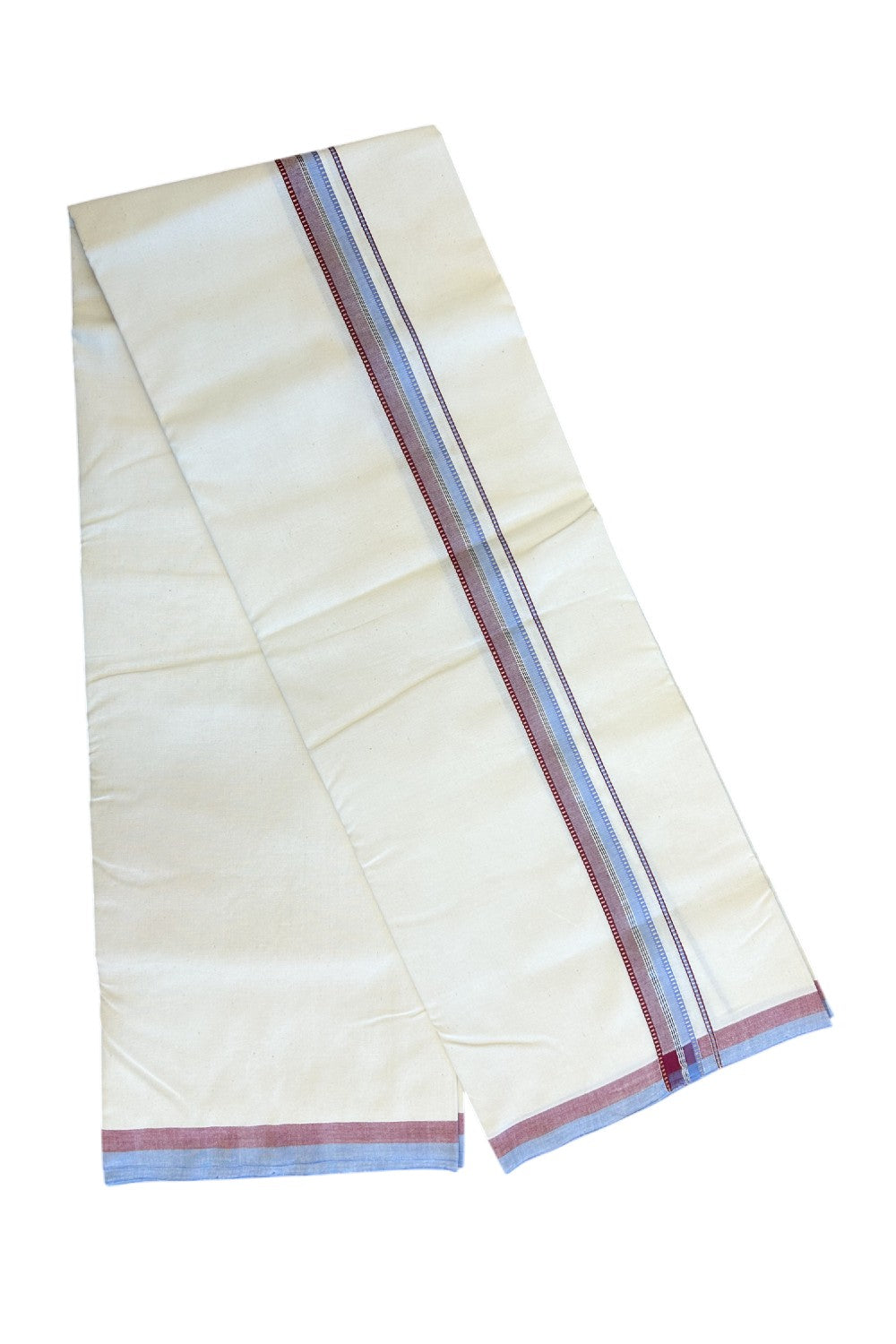 SIGNATURE KAITHARIKADA EXCLUSIVE SINGLE DHOTI - 30% Discount!!  100% Cotton Balaramapuram HANDLOOM Single Mundu/Dhoti - Off White - (Unbleached) 1 inch Lavender Blue & Maroon Kasavu Muthukuri Silver striped kara  (2 meters /4 muzham) - 1KK5131KAI