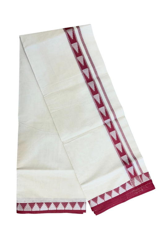 20% DISCOUNT ! KaithariKada Balaramapuram 100% Cotton Double off white  (Unbleached) Mundu/Dhoti - 100X90 - 1.5 inch Silver kasavu & Magenta Red Temple design kara - 2KK5147PMC