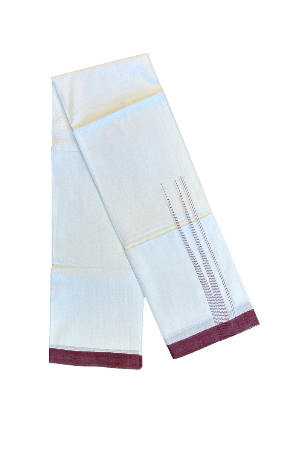 22% DISCOUNT!! Kaitharikada Balaramapuram 100% Cotton Ultra WHITE Double Mundu/Dothi-100x100  1.75 Inch MAROON Striped Cotton Kara 3.80m- 2KK74RAM