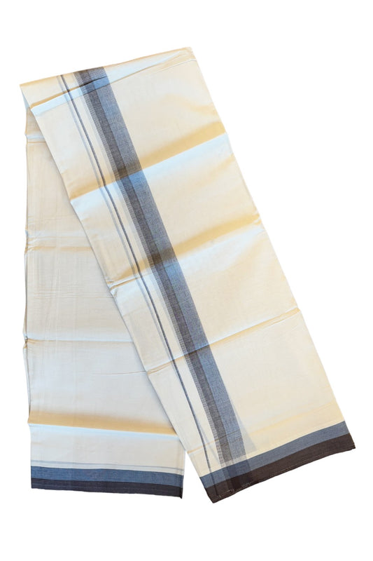 19% DISCOUNT ! KaithariKada Balaramapuram 100%  Cotton off white - (Unbleached) Double Mundu/Dhoti - 100X100  Brown side stripes & blue shaded kara - 2KK81VIN