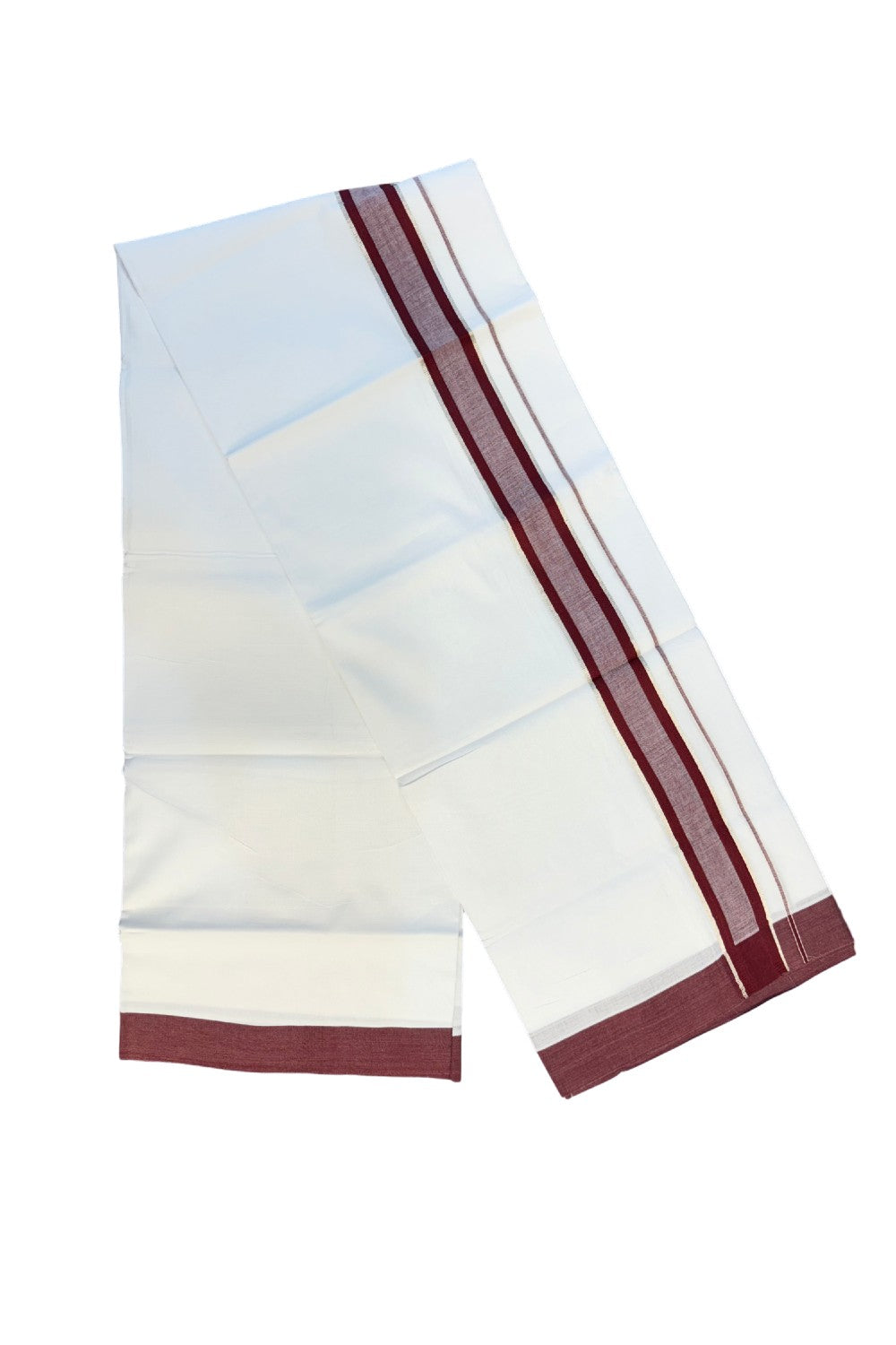 19% DISCOUNT!!! KaithariKada Balaramapuram 100% Cotton  PURE white Double Mundu/Dhoti-100x100   2.25 Inch Silver & maroon shaded Kara  - 2KK83VIN