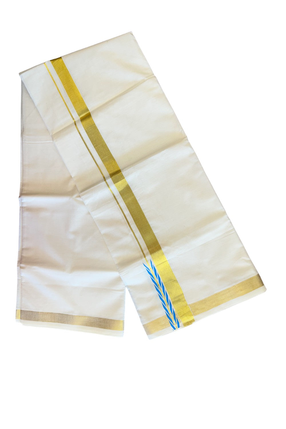 15% DISCOUNT!!! KaithariKada Balaramapuram 100%  Cotton off white Double  Mundu/Dhoti - 80X72  GOLD KASAVU & BLUE CHUTTY Kara - 2KK85CEE