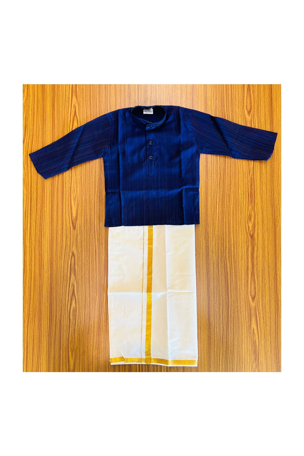 10% DISCOUNT !!! Yuvraj-Traditional South Indian Kids Cotton Kurta & Dhoti- Navy blue Kurta Off white Kasavu Dhoti Age 1- 2KK91YUV1.