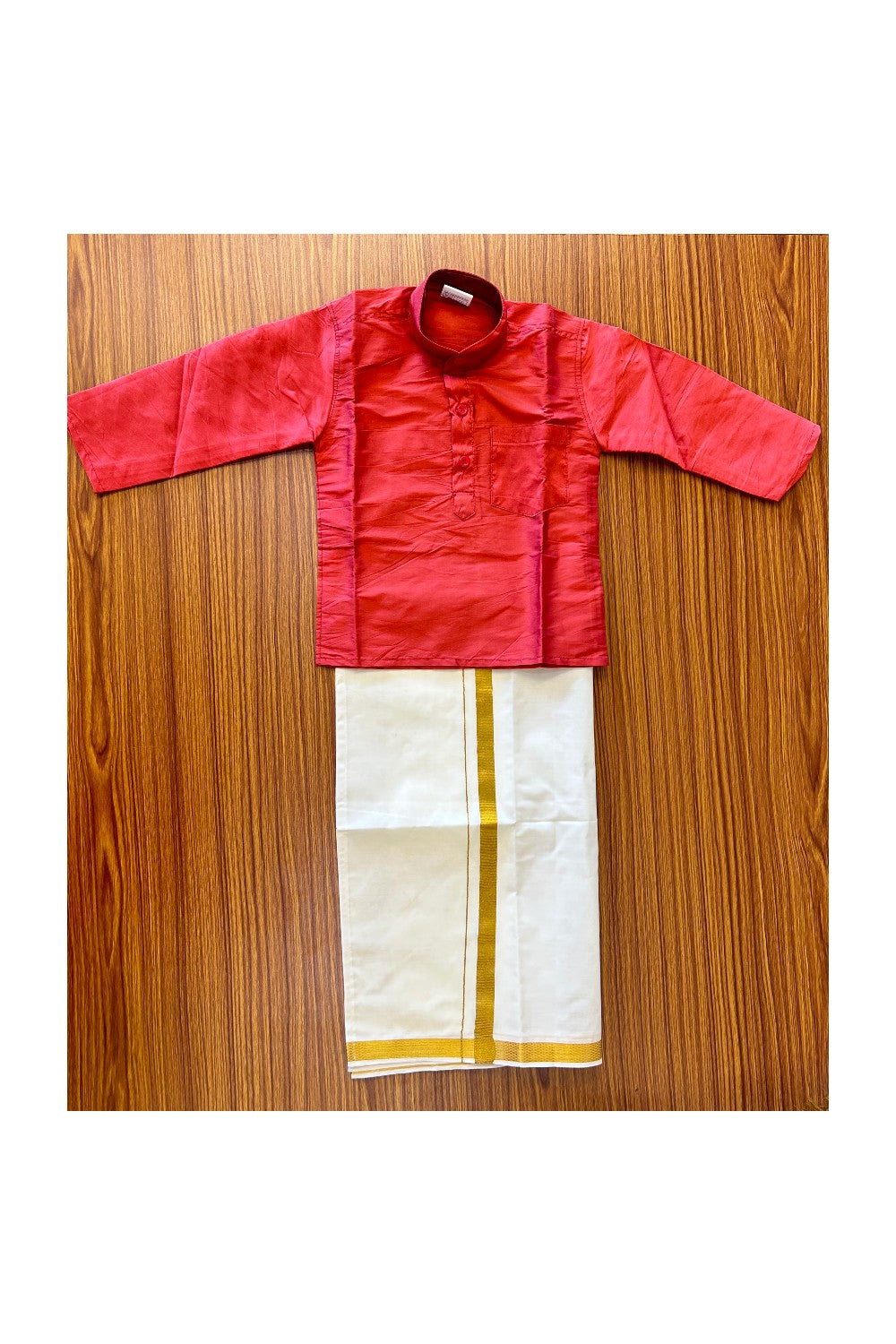 10% DISCOUNT !!! Yuvraj-Traditional South Indian Kids Silk Kurta & Dhoti- Brick red Kurta Off white Kasavu Dhoti Age 1- 2KK92YUV1.